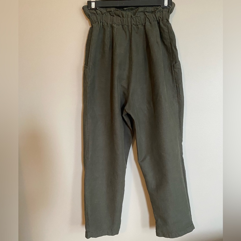 ZARA Green LINEN & COTTON Cropped PAPER BAG High Waisted Size XS - Picture 4 of 7